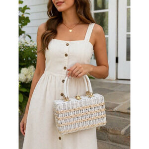 White Wicker "It's in The Bag" Box Handbag Rope Trim Top Handle Purse Hong Kong